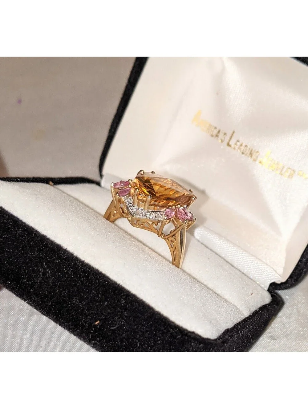 VTG Trillion Cut Citrine And Pink Tourmaline Fancy 10K Gold Cocktail Ring Size 8